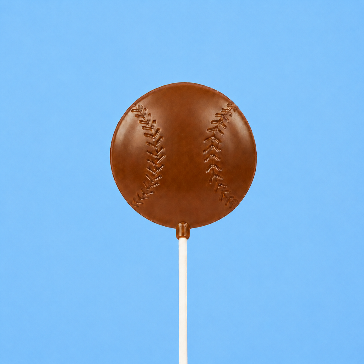 Solid milk chocolate baseball pop with detailed stitch molding on a white lollipop stick, displayed against a blue background — handmade by Nibbles & Bits in Scranton, Pennsylvania.