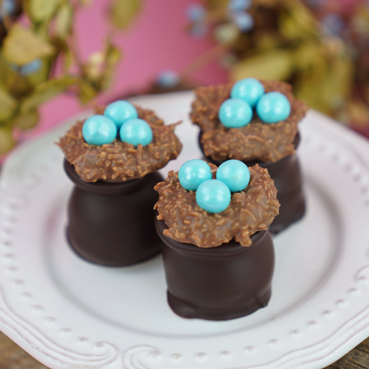 Box of six dark chocolate ganache truffles dipped in dark chocolate and topped with milk chocolate coconut nest decorations.