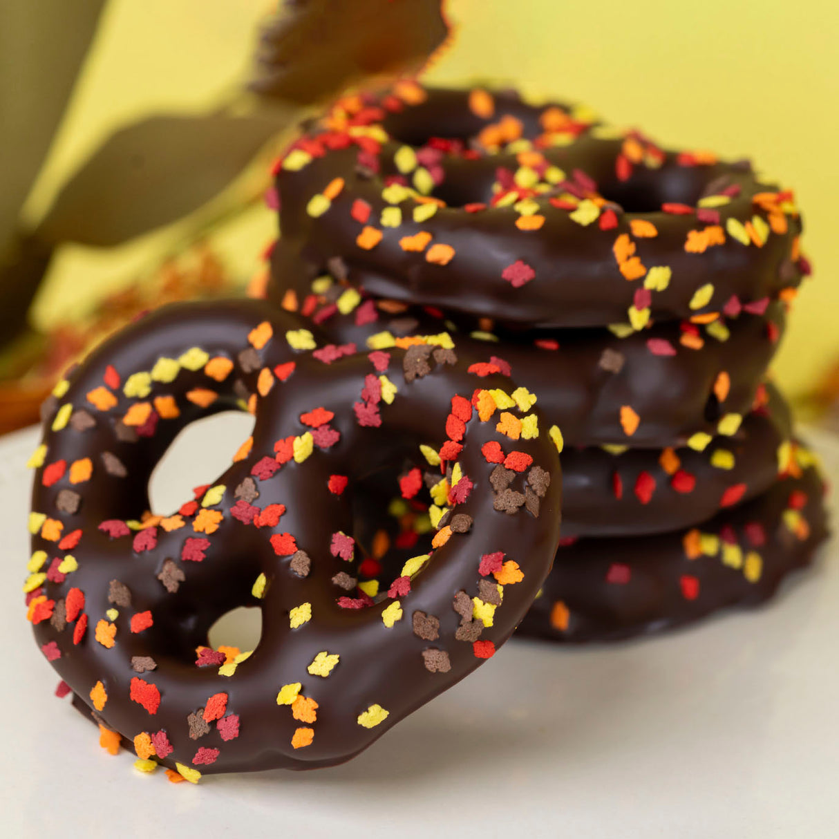 Crunchy Snyder's Olde Tyme pretzels double dipped in velvety dark chocolate and sprinkled with festive autumn confetti – handcrafted fall chocolate treat from Nibbles & Bits.