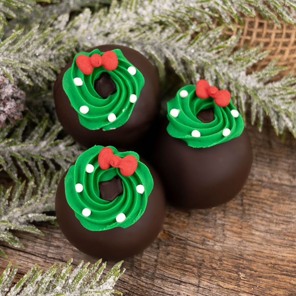 Dark Chocolate Christmas Wreath Ganache Truffles