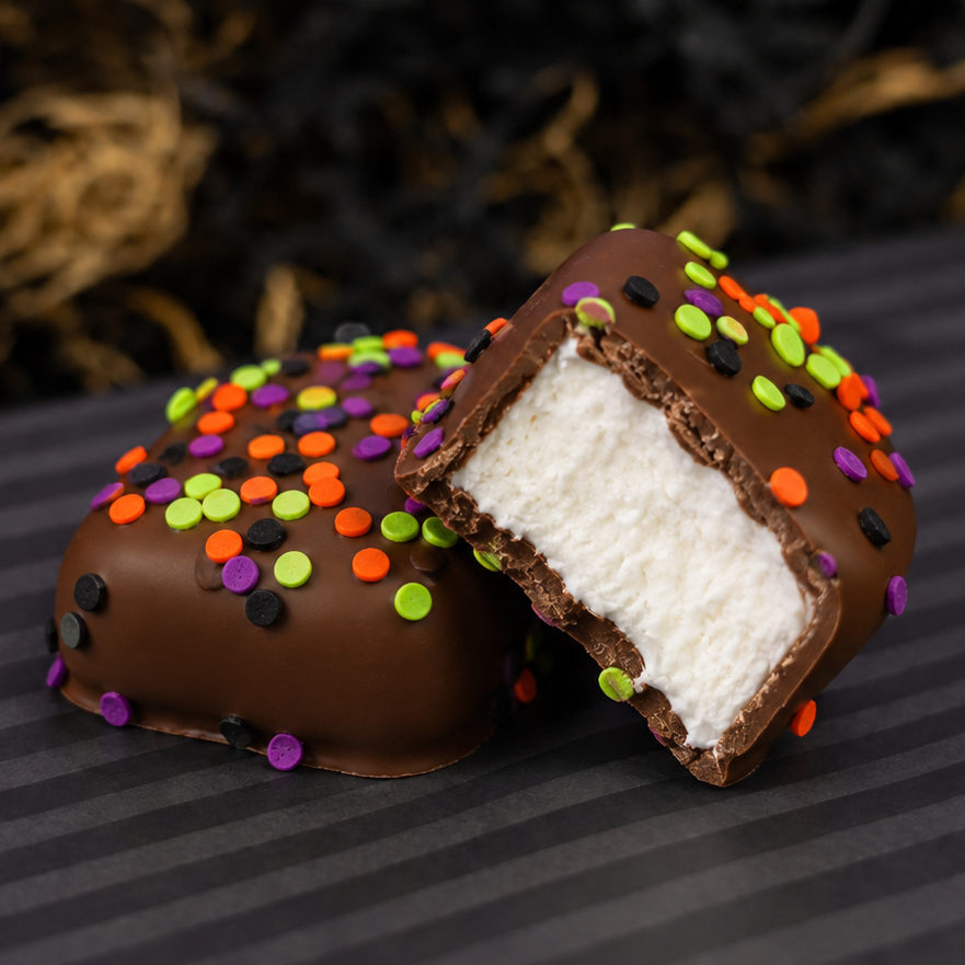 Homemade vanilla marshmallows covered in milk chocolate topped with Halloween confetti sprinkles in orange, green, purple and black, with one marshmallow cut open to show the fluffy marshmallow filling, on a striped plate with a purple backdrop.