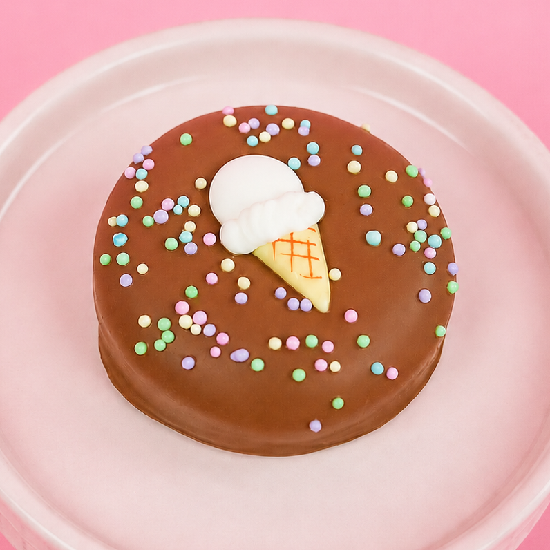 Single milk chocolate covered Oreo decorated with a fondant ice cream cone with waffle pattern and white soft serve scoop surrounded by pastel rainbow nonpareil beads in a pink bowl with pink background, handmade summer treat by Nibbles and Bits Scranton PA.