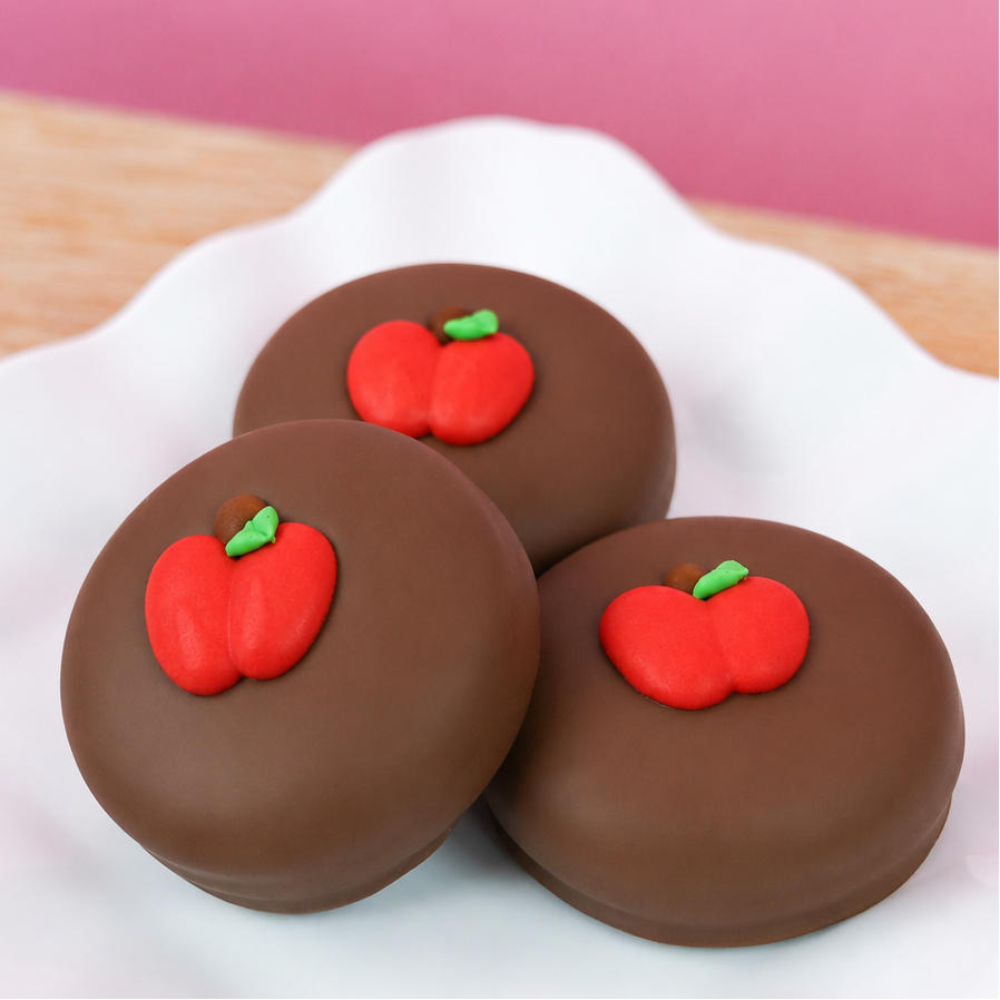 Milk chocolate covered Oreo decorated with an adorable chubby red apple fondant decal, handmade back to school treat and teacher appreciation gift by Nibbles and Bits Scranton PA.
