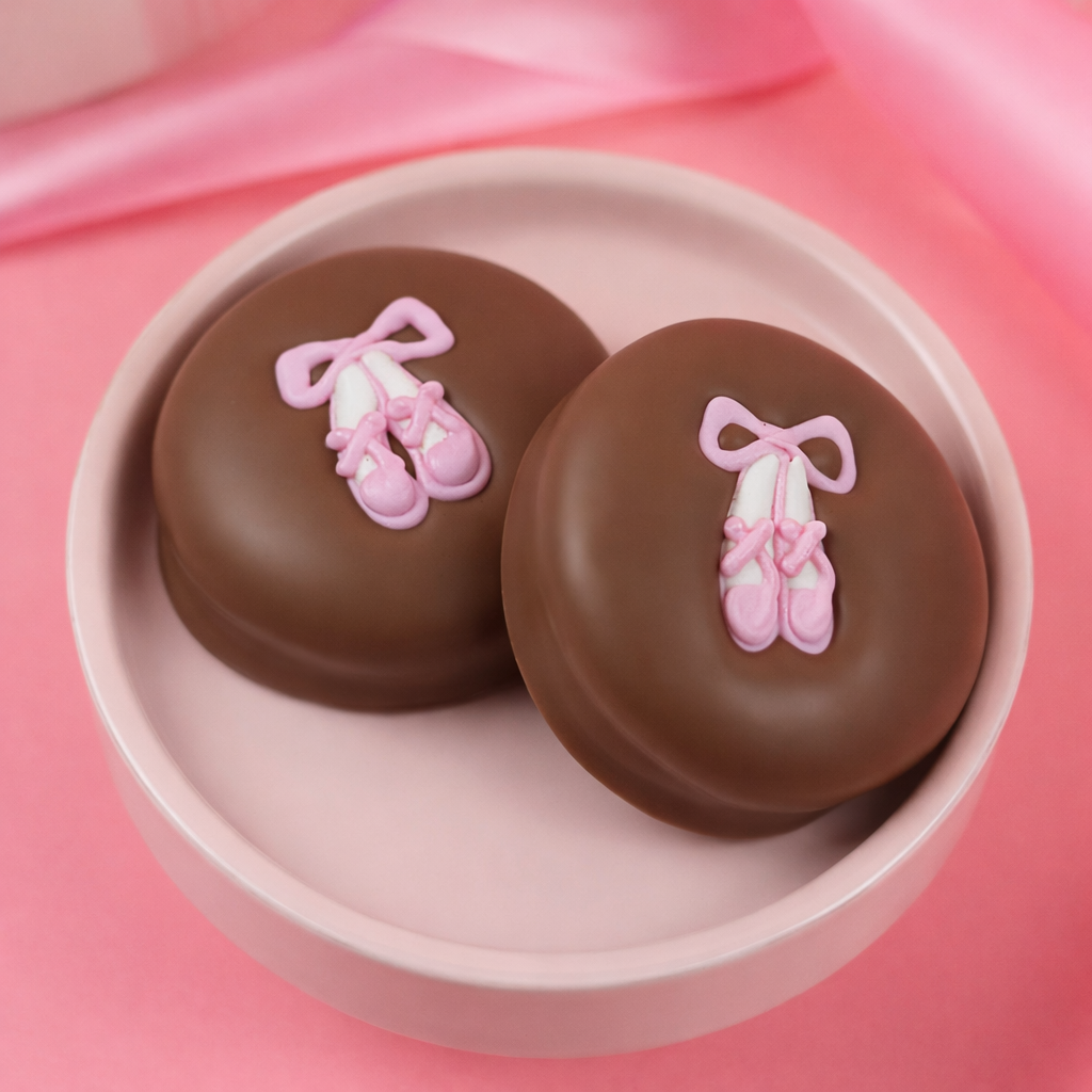 Milk chocolate covered sandwich cookies topped with pink ballet slipper decorations displayed in a soft pink dish.