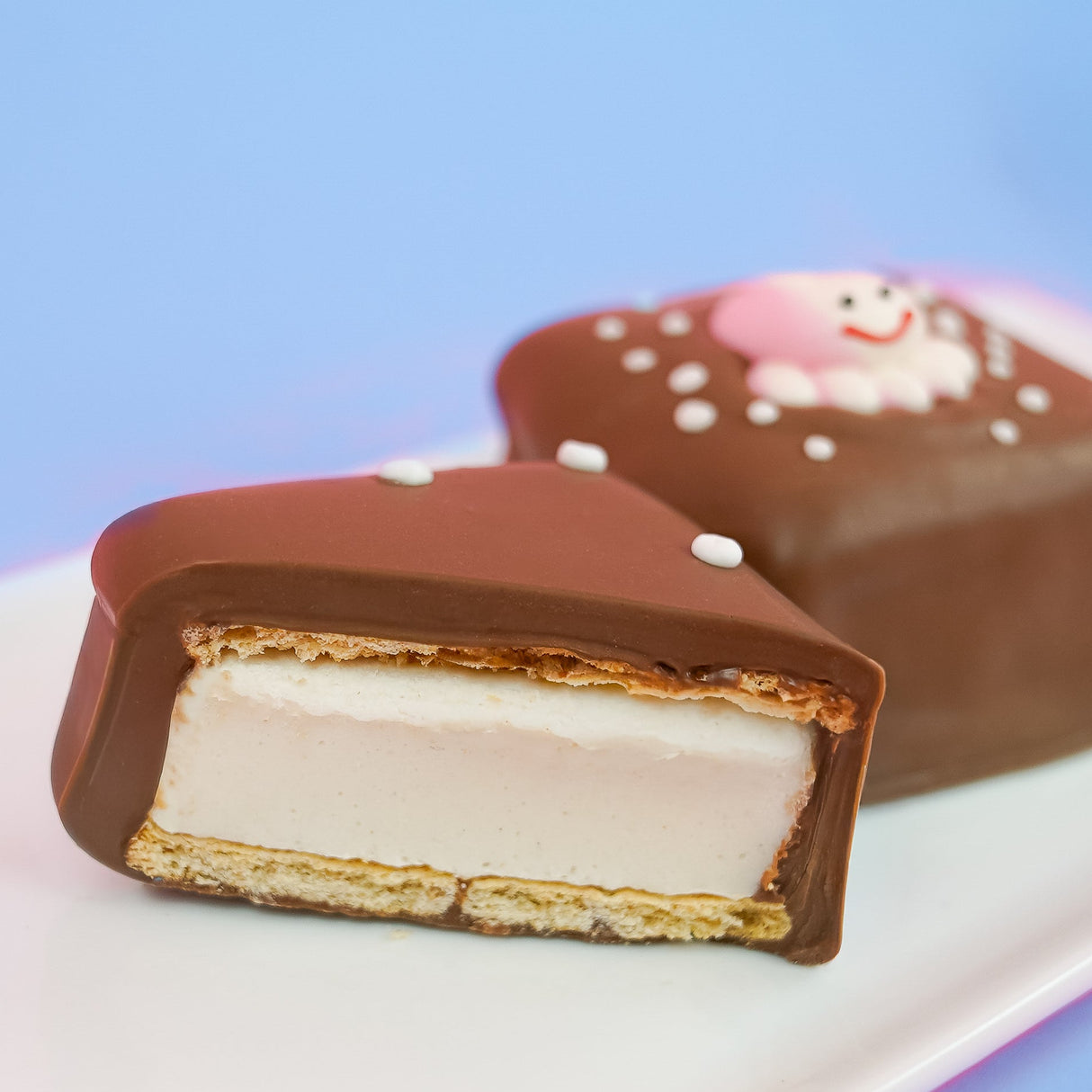 A milk chocolate octopus s'more revealing thick homemade vanilla marshmallow layer and golden graham cracker base alongside a whole decorated s'more on a white plate with blue background, handcrafted ocean treat by Nibbles and Bits Scranton PA.