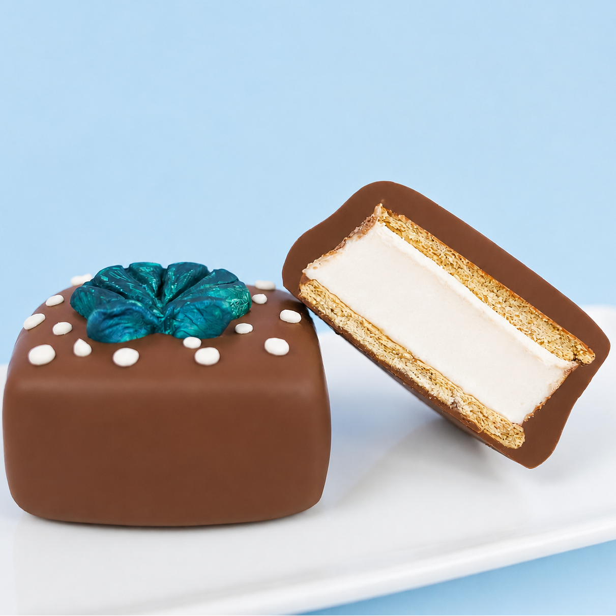A milk chocolate seashell s'more revealing thick homemade vanilla marshmallow layer and golden graham cracker base alongside a whole s'more decorated with a metallic teal fondant scallop shell on a white plate with blue background, handcrafted ocean treat by Nibbles and Bits Scranton PA.