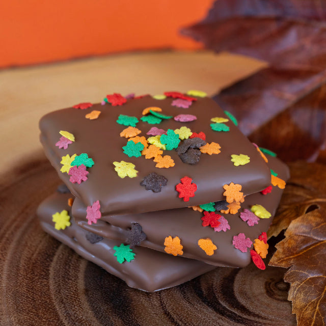 Crunchy Honey Maid graham cracker double dipped in creamy milk chocolate and topped with festive autumn confetti sprinkles – seasonal fall treat from Nibbles & Bits.