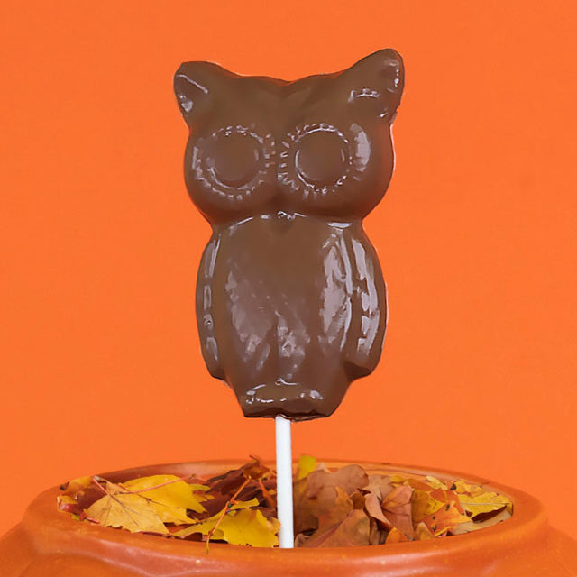 Handcrafted milk chocolate owl lollipop – cute fall-themed chocolate pop from Nibbles & Bits.