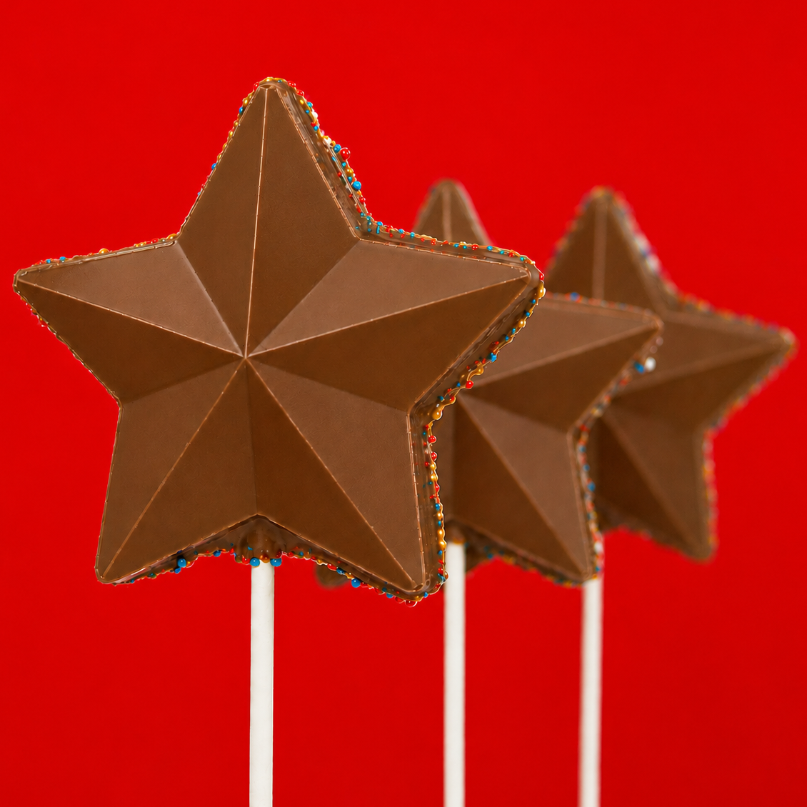 Three solid milk chocolate star pops showing detailed geometric faceted star molding with colorful nonpareil border on white sticks against a red background, handmade patriotic summer treat by Nibbles and Bits Scranton PA.