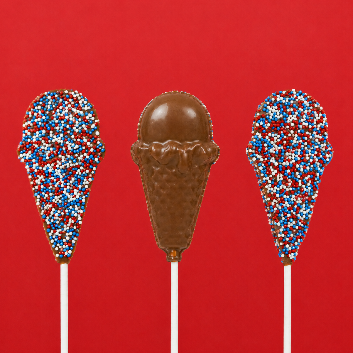 Three solid milk chocolate patriotic ice cream cone pops on white sticks against a bold red background showing both the red, white and blue nonpareil covered side and the detailed molded waffle cone and scoop side, handmade Fourth of July treat by Nibbles and Bits Scranton PA.