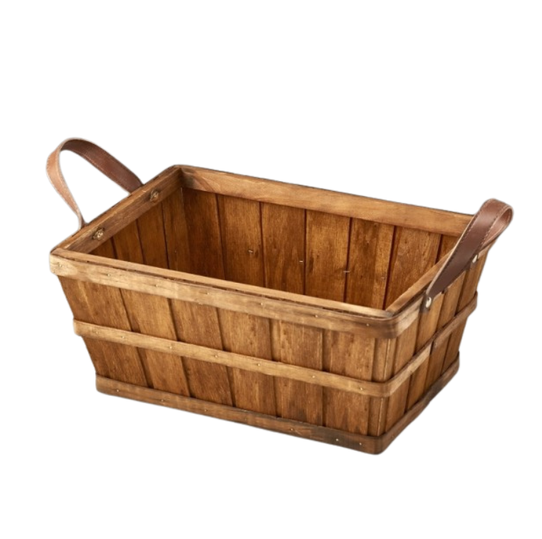 Wooden Gift Basket with Faux Leather Handles & Wrap