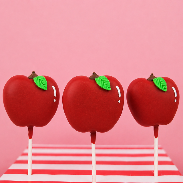 Milk chocolate peanut butter creme pop hand-shaped like a red apple with glossy red chocolate coating green fondant leaf and chocolate kiss stem on a stick, handmade teacher appreciation gift by Nibbles and Bits Scranton PA.