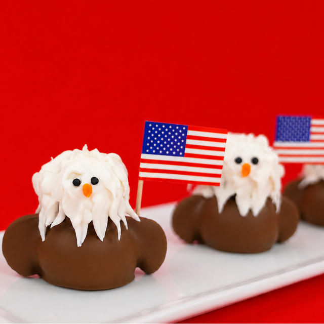 Three handcrafted milk chocolate ganache bald eagle truffles with white royal icing feathers black eyes orange beaks and American flags displayed on a white rectangular plate with red background, unique Fourth of July gift by Nibbles and Bits Scranton PA.