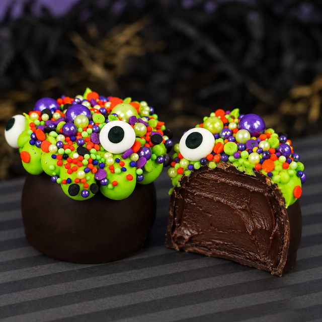 Two Halloween-themed chocolate truffles on a dark striped surface. One truffle is whole and decorated with green, purple, orange, and red sprinkles, candy eyes, and green balls.