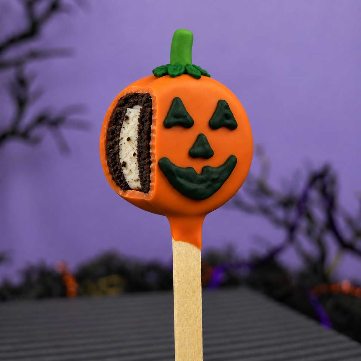 A Halloween-themed pumpkin-shaped Oreo pop on a wooden stick, featuring an orange frosting body, green icing details, and a bite taken out on the side to show a white cream filling. The background is a purple sky with blurred dark tree branches.