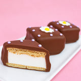 A milk chocolate daisy s'more revealing thick homemade vanilla marshmallow layer and golden graham cracker base alongside two whole decorated s'mores on a white plate with pink background, handcrafted spring treat by Nibbles and Bits Scranton PA.