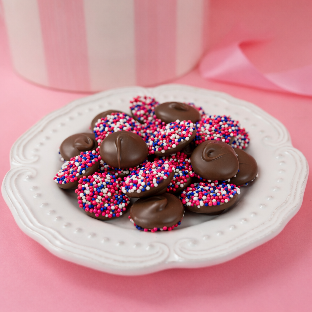 Milk chocolate nonpareil candies topped with pastel pink, white, and purple sprinkles, arranged on a decorative white plate against a soft pink background.