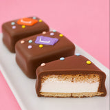 A milk chocolate popsicle s'more revealing thick homemade vanilla marshmallow layer and golden graham cracker base alongside two whole decorated s'mores on a white plate, handcrafted summer treat by Nibbles and Bits Scranton PA.