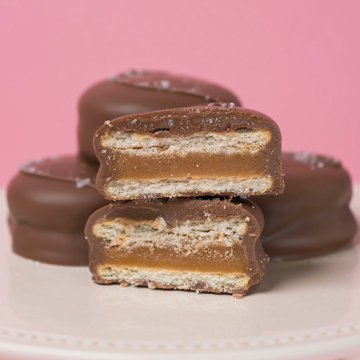 Salted caramel chocolate covered Ritz sandwich with buttery crackers and milk chocolate coating