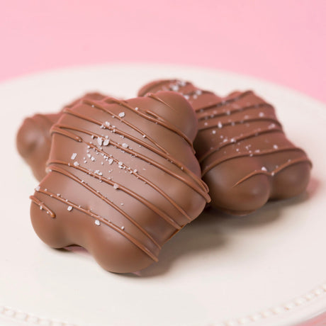 Salted caramel cashew turtles with milk chocolate, roasted cashews, and gooey caramel.