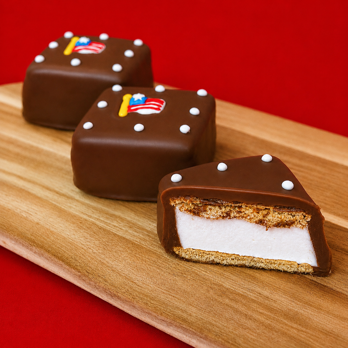 Close-up of patriotic milk chocolate s'more topped with a miniature American flag decal and white dot decorations, festive Fourth of July treat handmade in Scranton Pennsylvania.