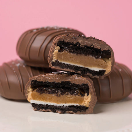 Milk chocolate caramel peanut butter Oreo with gooey caramel and peanut butter layers