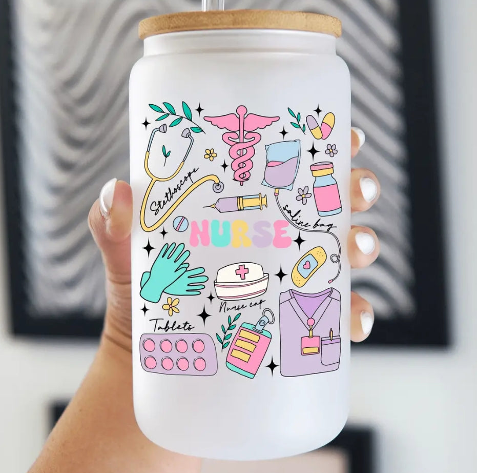Nurse 16oz Glass Can Cup with Lid and Straw