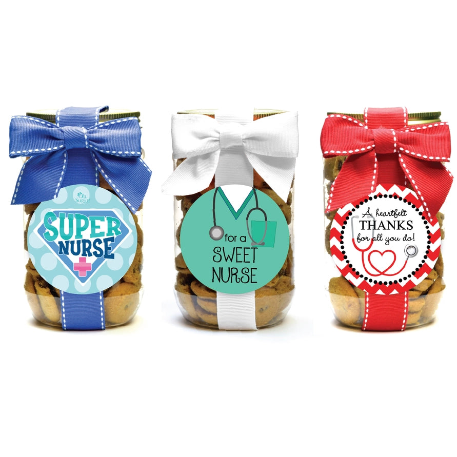 Nurse appreciation gift jar with mini chocolate chip cookies and decorative ribbon