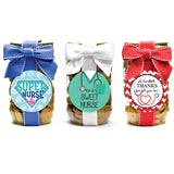 Nurse appreciation gift jar with mini chocolate chip cookies and decorative ribbon