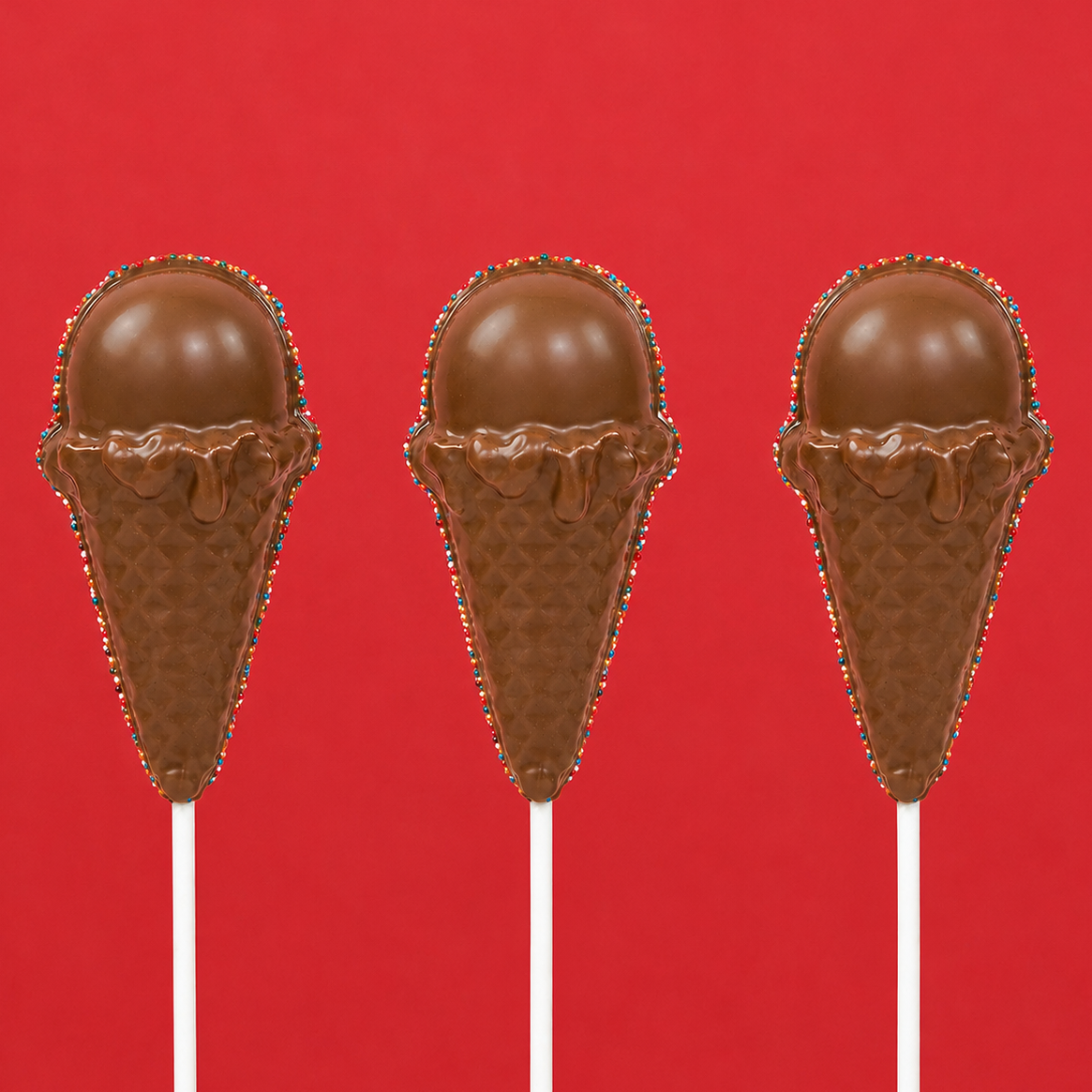Three solid milk chocolate ice cream cone pops showing detailed molded waffle cone and rounded scoop with patriotic nonpareil border on white sticks against a red background, handmade summer treat by Nibbles and Bits Scranton PA.