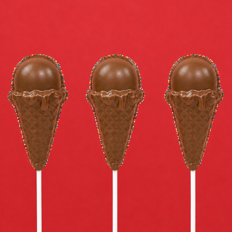 Three solid milk chocolate ice cream cone pops showing detailed molded waffle cone and rounded scoop with patriotic nonpareil border on white sticks against a red background, handmade summer treat by Nibbles and Bits Scranton PA.