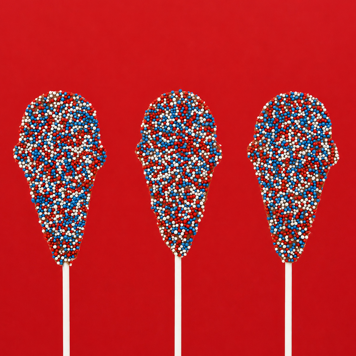 Three solid milk chocolate ice cream cone pops covered entirely in red, white and blue nonpareil beads on white sticks against a red background, patriotic Fourth of July treat by Nibbles and Bits Scranton PA.