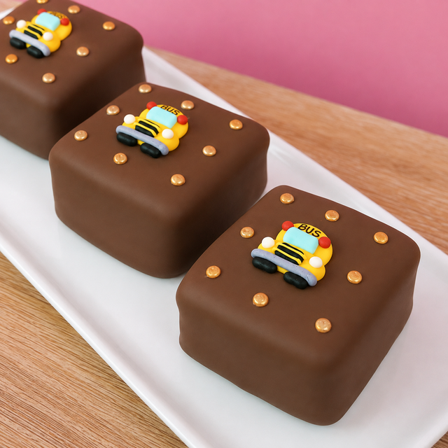 Milk chocolate s'more decorated with a school bus fondant detail and gold icing dots on top, handmade back to school treat by Nibbles and Bits Scranton PA.
