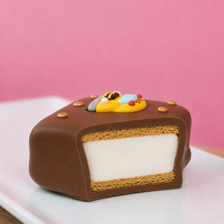 A milk chocolate school bus s'more revealing thick homemade vanilla marshmallow layer and golden Honey Maid graham cracker base, handcrafted back to school treat by Nibbles and Bits Scranton PA.