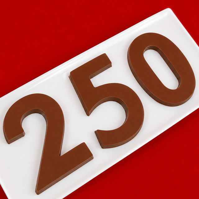 Three large solid milk chocolate numbers spelling 250 displayed on a white rectangular plate against a bold red background, handmade America 250th anniversary gift by Nibbles and Bits Scranton PA.