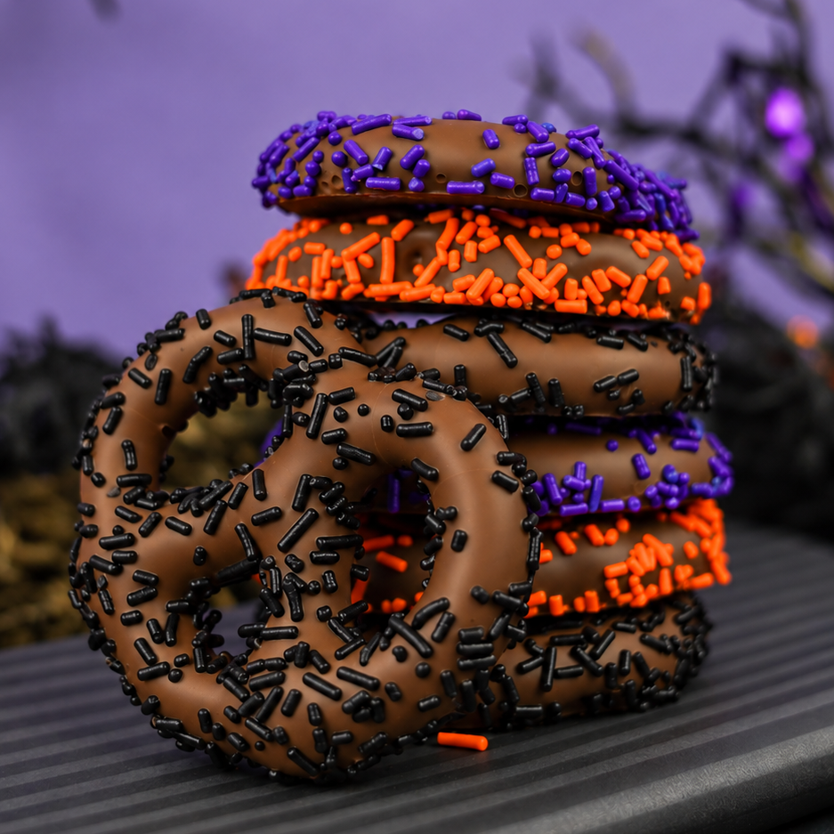 Seven milk chocolate covered pretzels with orange, purple and black sprinkles, lined up on a striped plate with a Halloween background. 