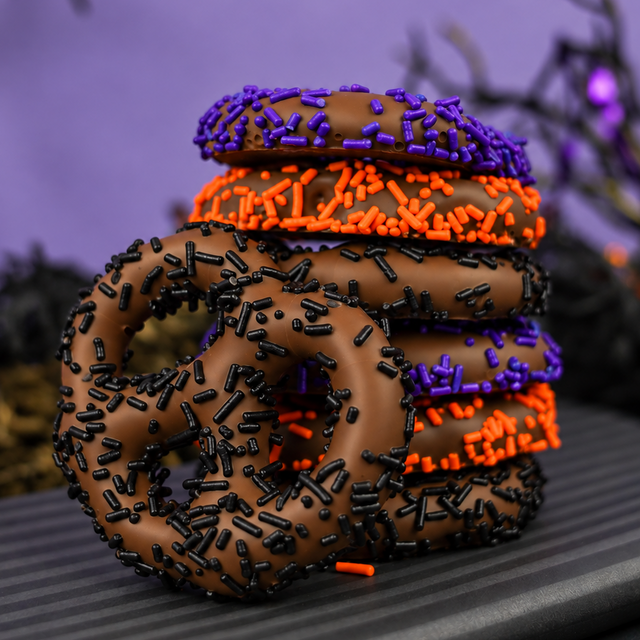 Seven milk chocolate covered pretzels with orange, purple and black sprinkles, lined up on a striped plate with a Halloween background. 