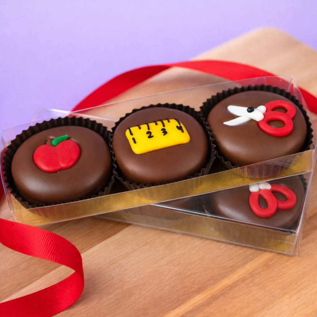 Three chocolate-covered Oreo cookies with crisp school-themed decorations: an apple, ruler, and scissors arranged in a clear gift box with a red ribbon on a wooden surface.